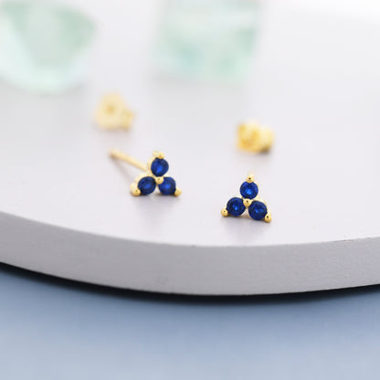 Extra Tiny Tree Dot Sapphire Blue CZ Stud Earrings in Sterling Silver, Silver or Gold, Three Dot Trinity September Birthstone Earrings