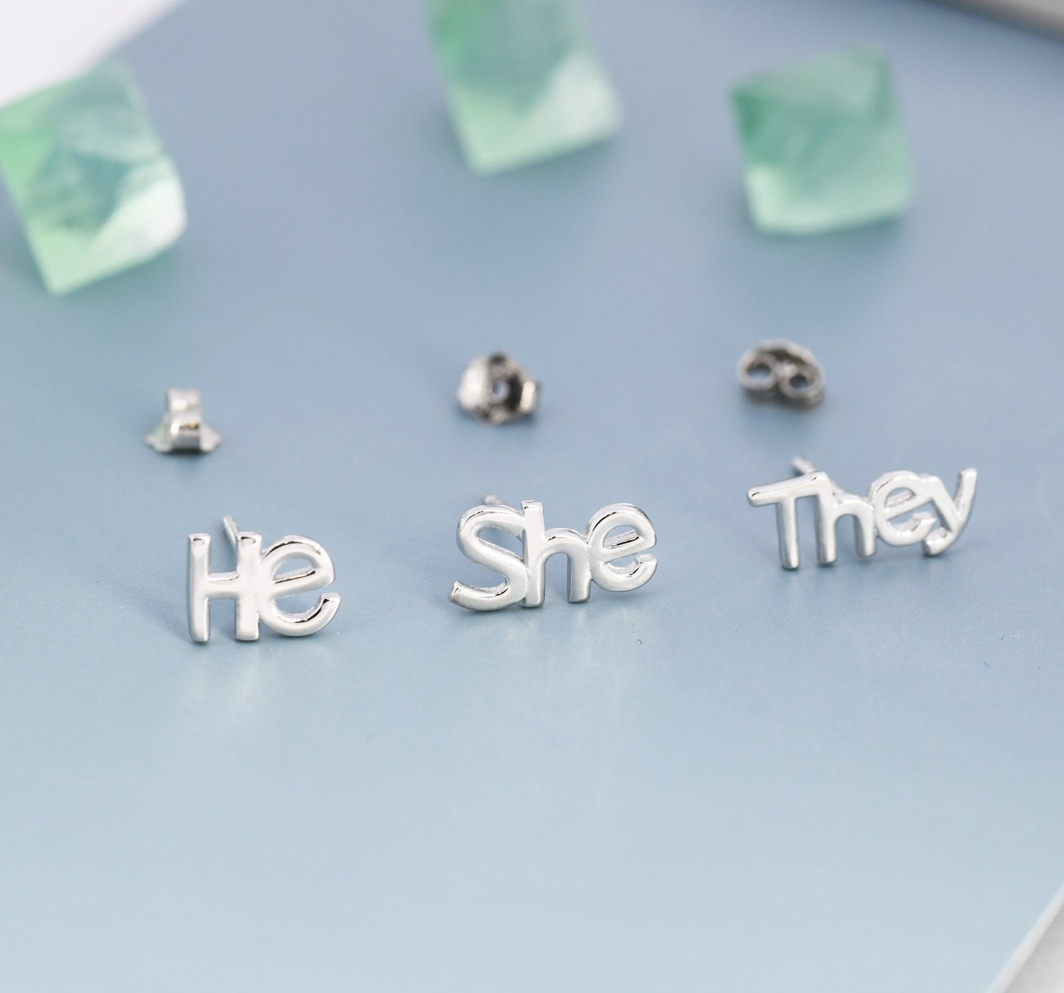 He She They Pronoun Stud Earrings in Sterling Silver, Silver, Gold or Rose Gold, Sold as a Pair, He Earrings, She Earrings, They Earrings