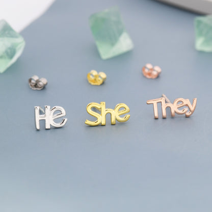 He She They Pronoun Stud Earrings in Sterling Silver, Silver, Gold or Rose Gold, Sold as a Pair, He Earrings, She Earrings, They Earrings