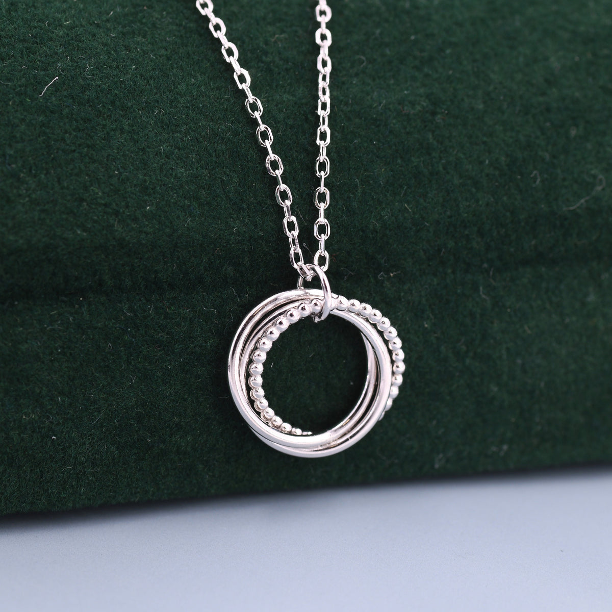 Sterling SilverThree Interlocking Circles Pendant Necklace with Dotted Details, Three Entwined Rings for 30s, 30th Infinity Necklace