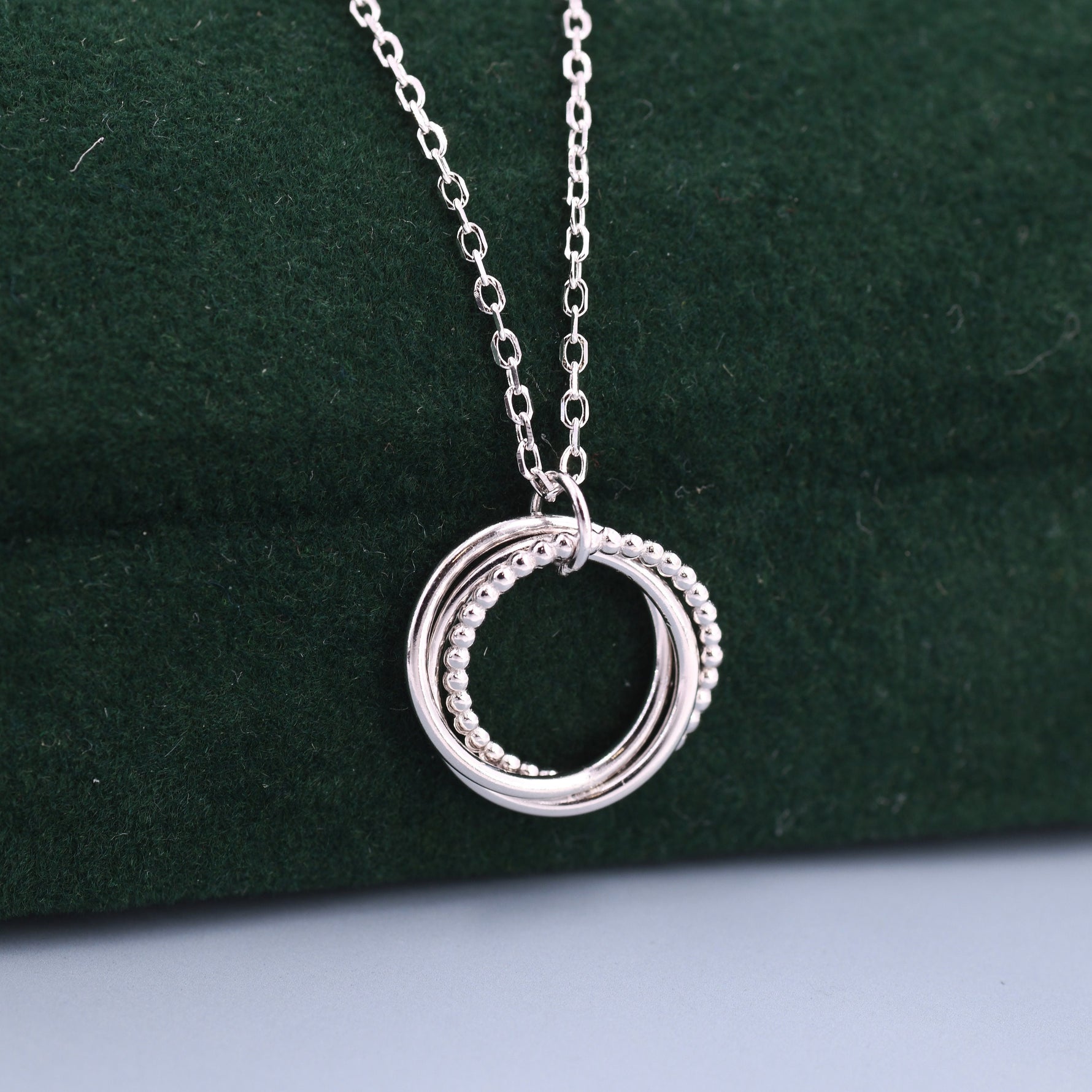 Sterling SilverThree Interlocking Circles Pendant Necklace with Dotted Details, Three Entwined Rings for 30s, 30th Infinity Necklace