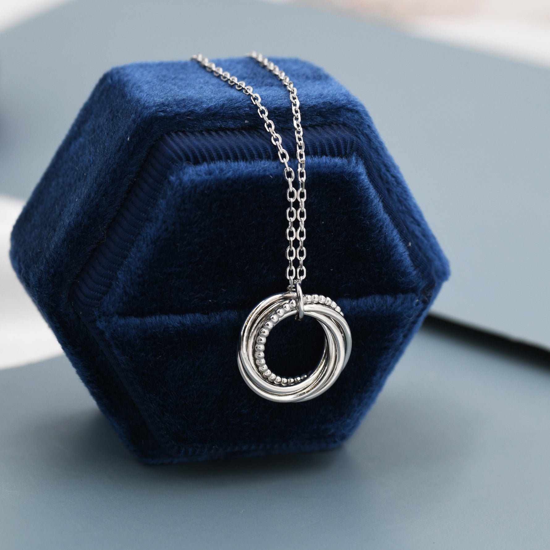 Sterling Silver Interlocking Circles Pendant Necklace with Dotted Details, Six Entwined Rings for 60s, 60th Infinity Necklace
