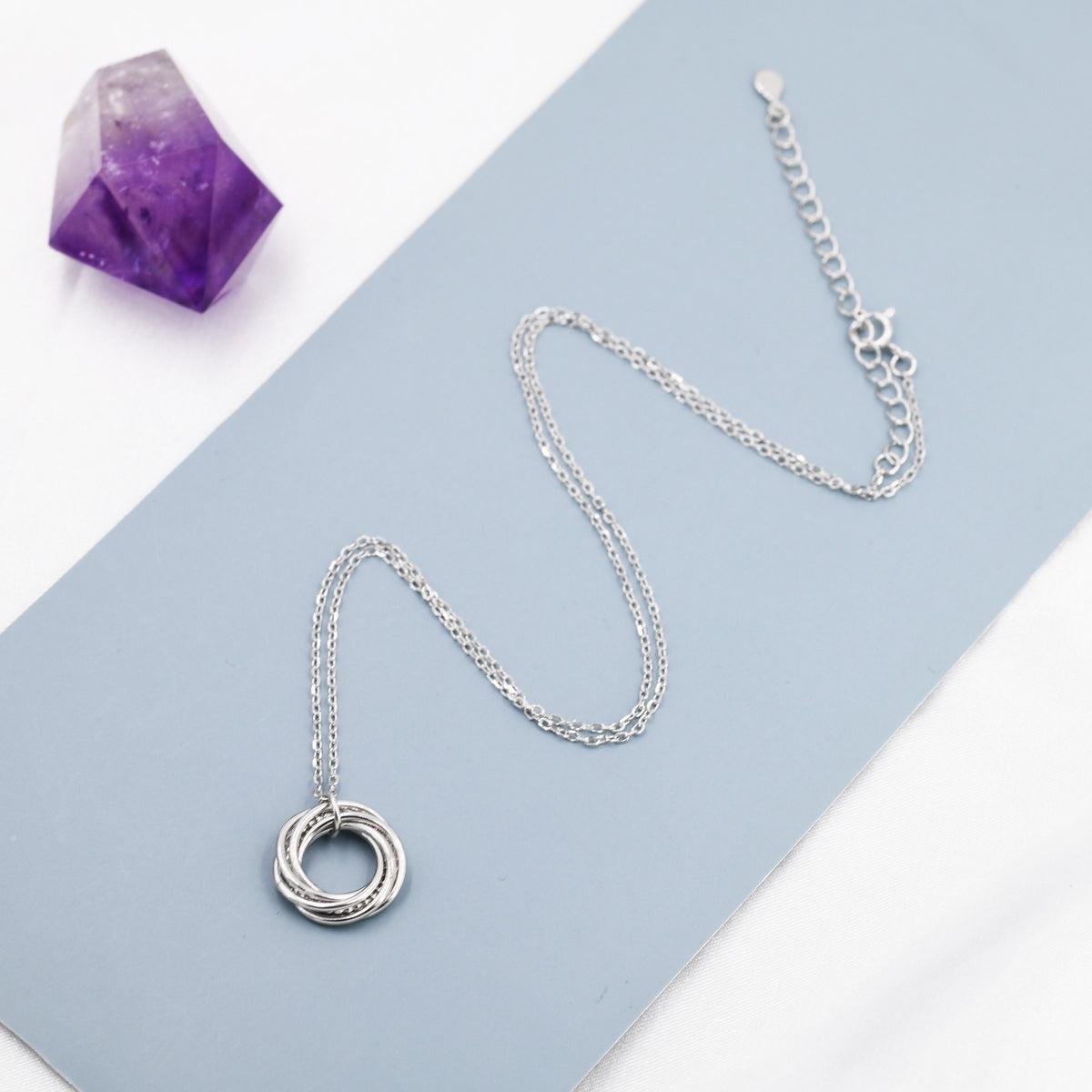 Sterling Silver Interlocking Circles Pendant Necklace with Dotted Details, Six Entwined Rings for 60s, 60th Infinity Necklace
