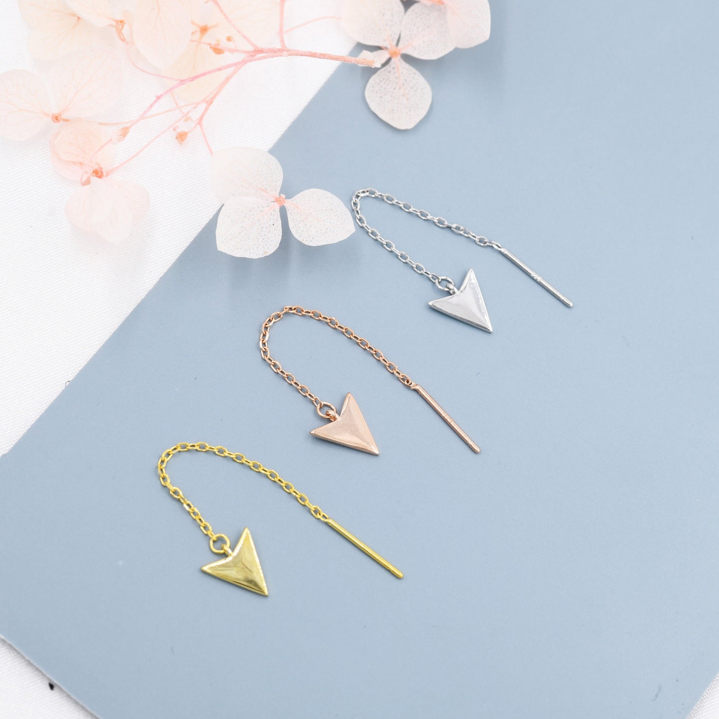 Arrowhead Threader Earrings in Sterling Silver, Silver, Gold or Rose Gold, Arrow Ear Threaders, Triangle Threader Earrings, Geometric