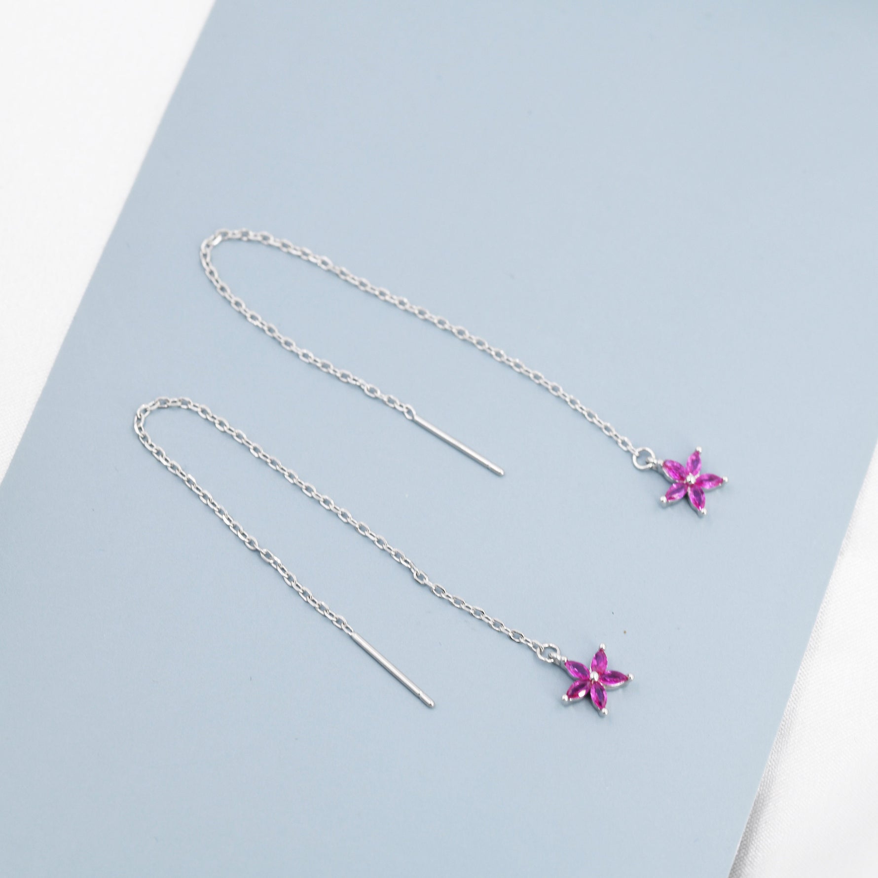 Ruby Red CZ Flower Threader Earrings in Sterling Silver, Silver or Gold, Forget-me-not Floral Ear Threaders, Sparkly CZ Threaders