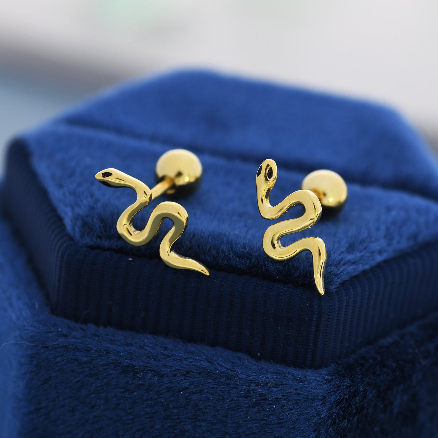 Snake Internal Flat Back /Screw Back / Stud Earrings in Sterling Silver - Gold or Silver Finish- Sold as a Pair - Snake Barbel Earrings