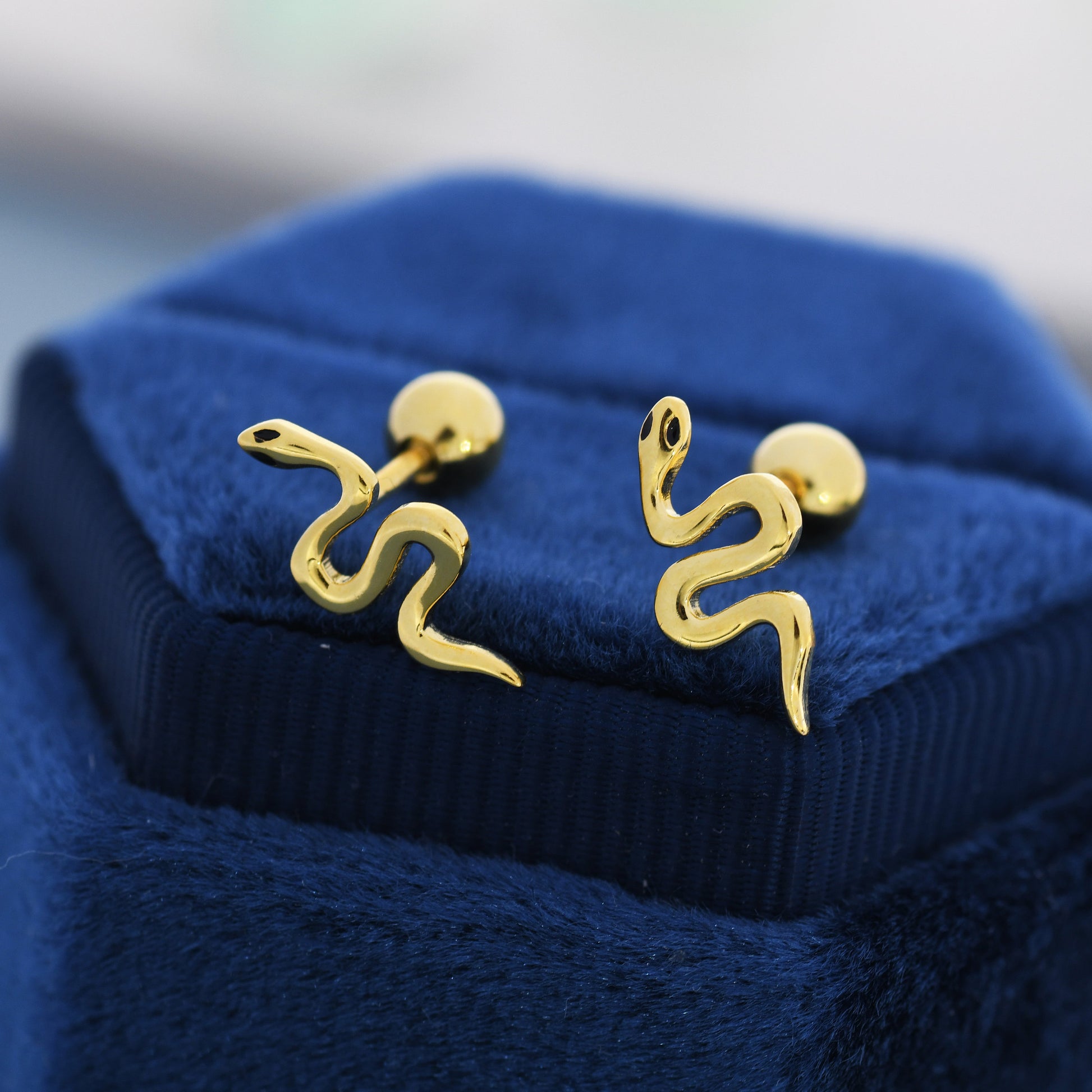 Snake Screw Back / Flat Back / Stud Earrings in Sterling Silver - Gold or Silver Finish- Sold as a Pair - Snake Barbel Earrings