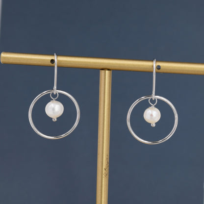 Genuine Freshwater Pearl and Circle Drop Earrings in Sterling Silver, Delicate Keshi Pearl Halo Earrings, Genuine Freshwater Pearls.
