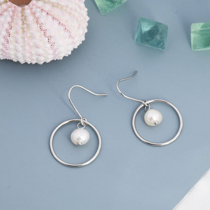 Genuine Freshwater Pearl and Circle Drop Earrings in Sterling Silver, Delicate Keshi Pearl Halo Earrings, Genuine Freshwater Pearls.