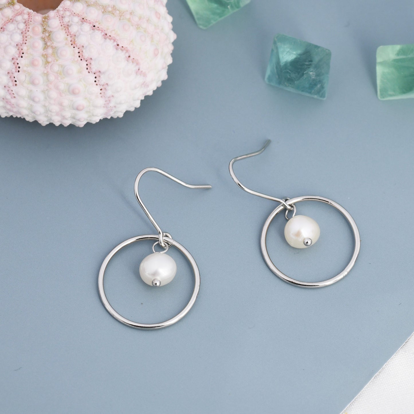 Genuine Freshwater Pearl and Circle Drop Earrings in Sterling Silver, Delicate Keshi Pearl Halo Earrings,  Genuine Freshwater Pearls.