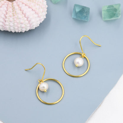 Genuine Freshwater Pearl and Circle Drop Earrings in Sterling Silver, Delicate Keshi Pearl Halo Earrings, Genuine Freshwater Pearls.