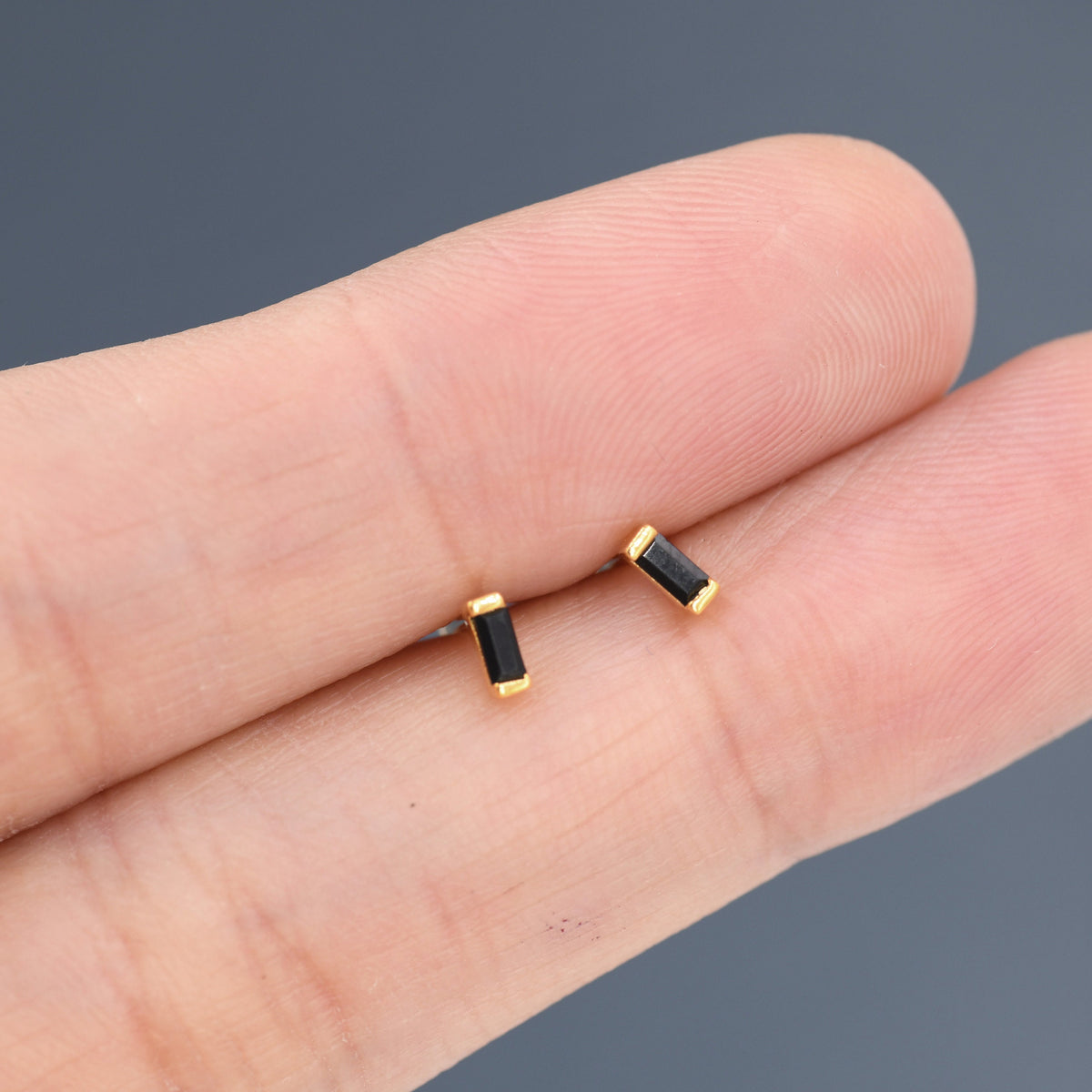 Tiny Black Baguette CZ Stud Earrings in Sterling Silver, Silver or Gold, Geometric Tiny CZ Earrings, Stacking Earrings