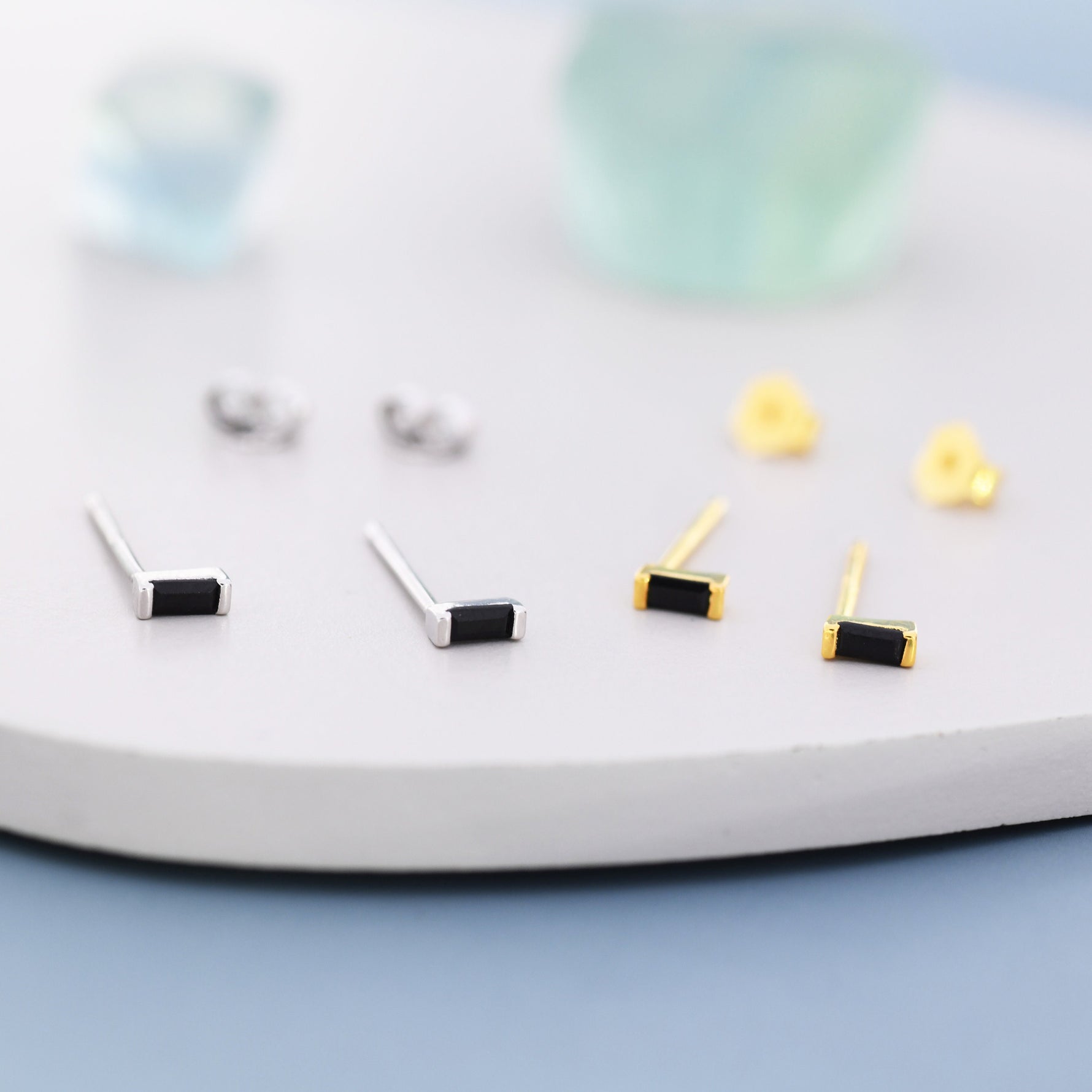 Tiny Black Baguette CZ Stud Earrings in Sterling Silver, Silver or Gold, Geometric Tiny CZ Earrings, Stacking Earrings