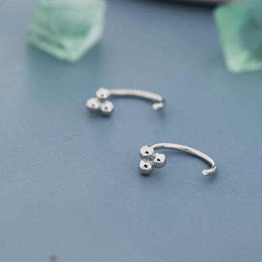 Tiny Three Ball Huggie Hoop Earrings in Sterling Silver, Three Ball Cluster Earrings, Open Hoops,  Pull-Through Threader Earrings,