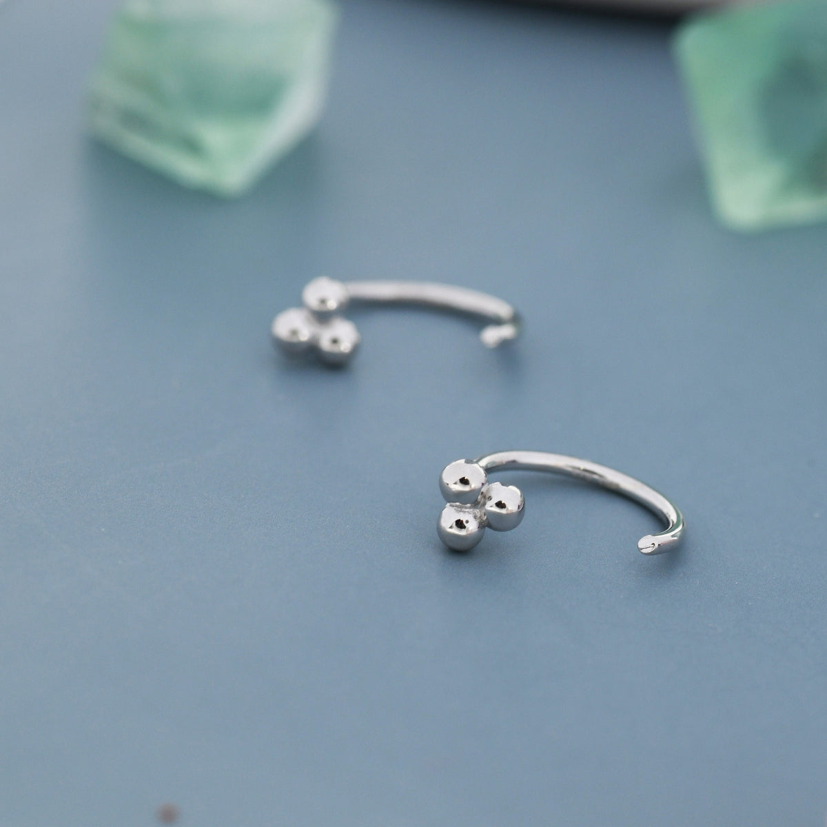 Tiny Three Ball Huggie Hoop Earrings in Sterling Silver, Three Ball Cluster Earrings, Open Hoops, Pull-Through Threader Earrings,