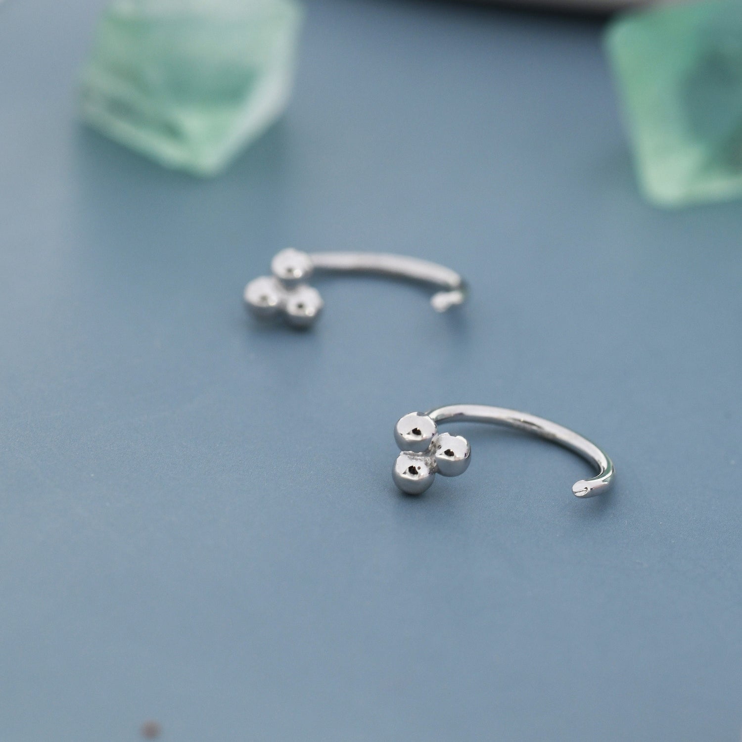 Tiny Three Ball Huggie Hoop Earrings in Sterling Silver, Three Ball Cluster Earrings, Open Hoops, Pull-Through Threader Earrings,