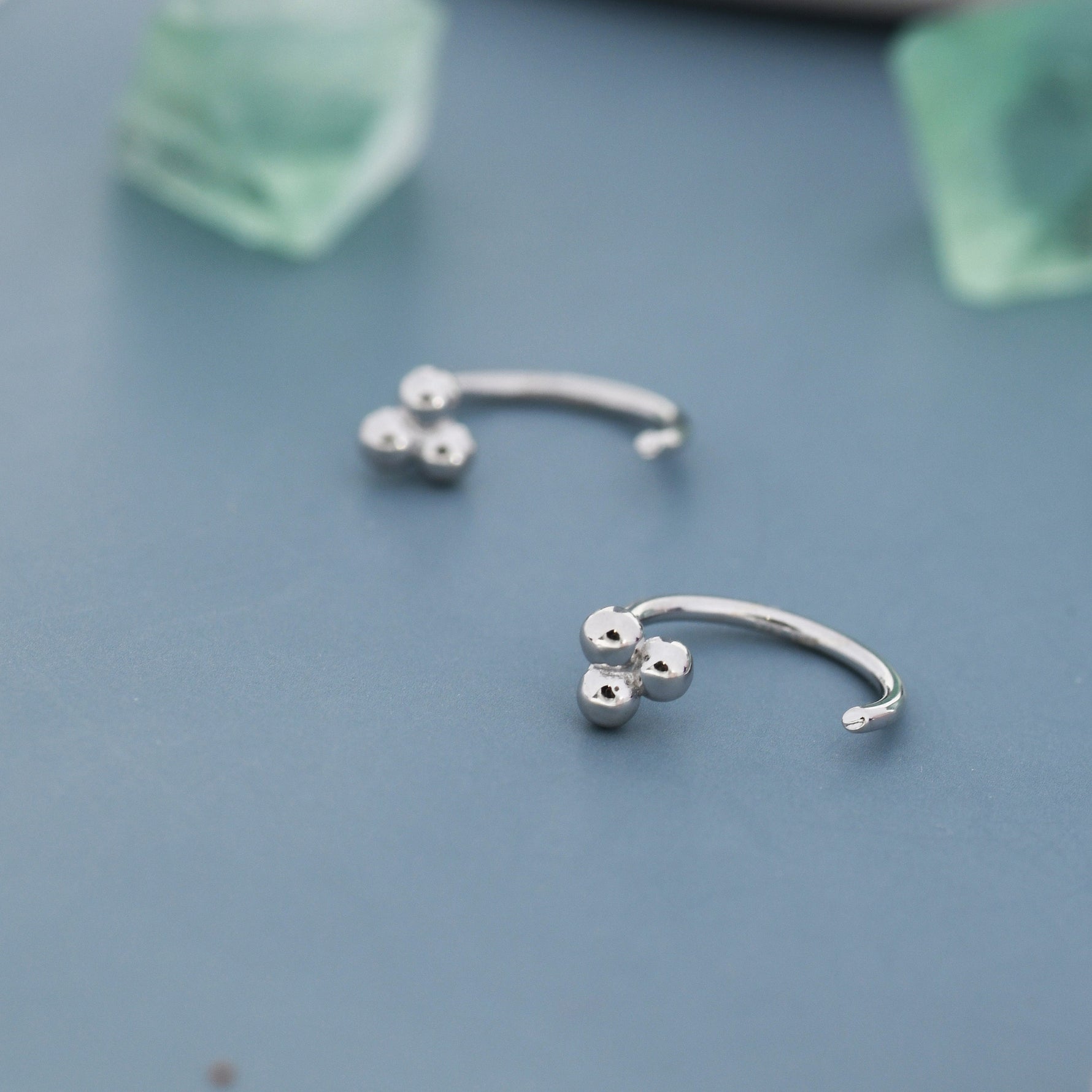 Tiny Three Ball Huggie Hoop Earrings in Sterling Silver, Three Ball Cluster Earrings, Open Hoops, Pull-Through Threader Earrings,