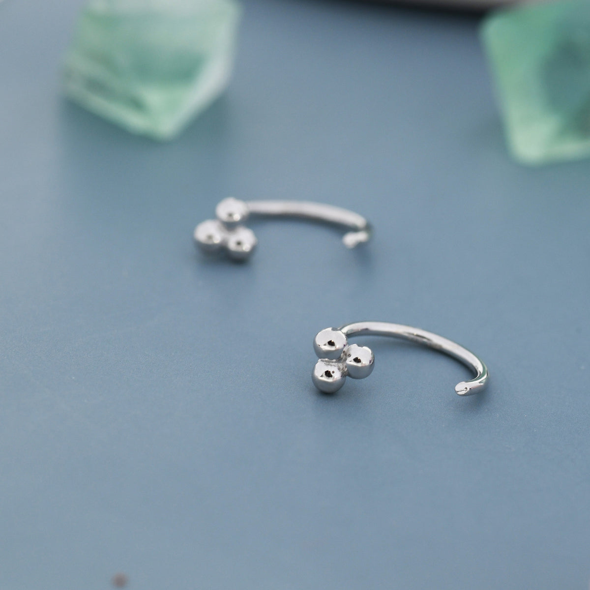 Tiny Three Ball Huggie Hoop Earrings in Sterling Silver, Three Ball Cluster Earrings, Open Hoops, Pull-Through Threader Earrings,