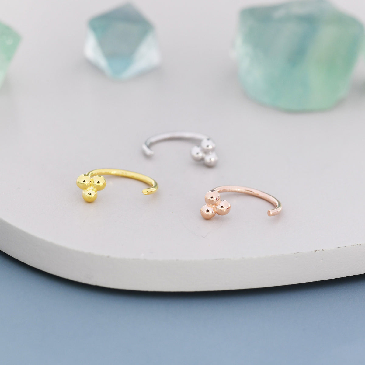 Tiny Three Ball Huggie Hoop Earrings in Sterling Silver, Three Ball Cluster Earrings, Open Hoops, Pull-Through Threader Earrings,
