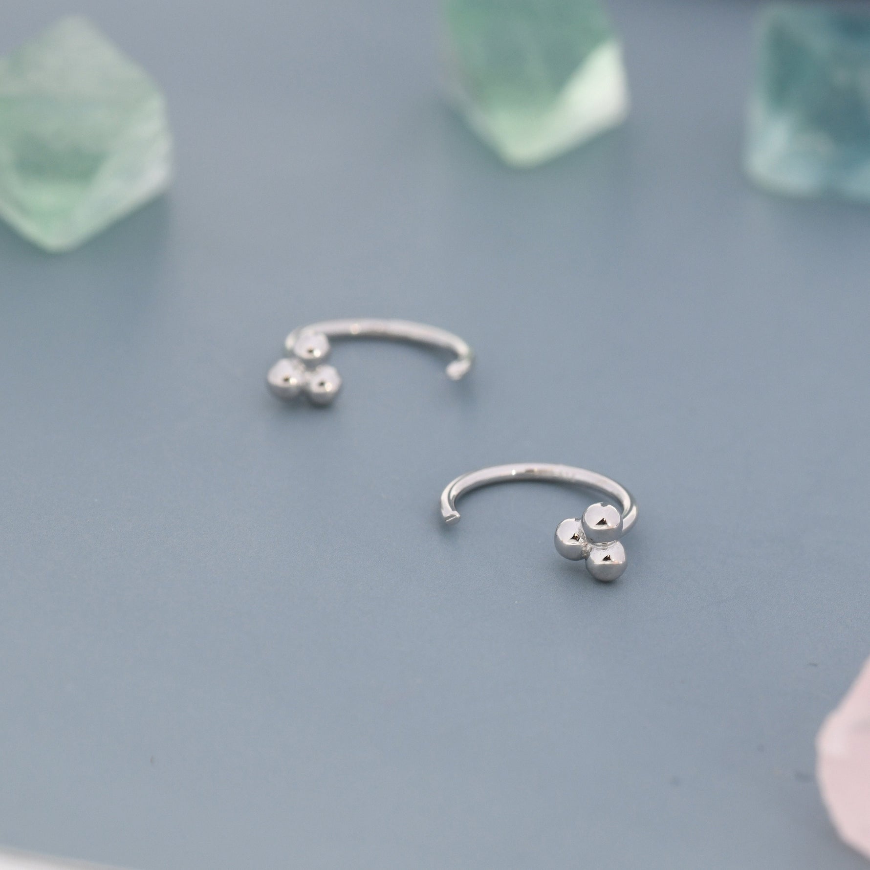 Tiny Three Ball Huggie Hoop Earrings in Sterling Silver, Three Ball Cluster Earrings, Open Hoops, Pull-Through Threader Earrings,