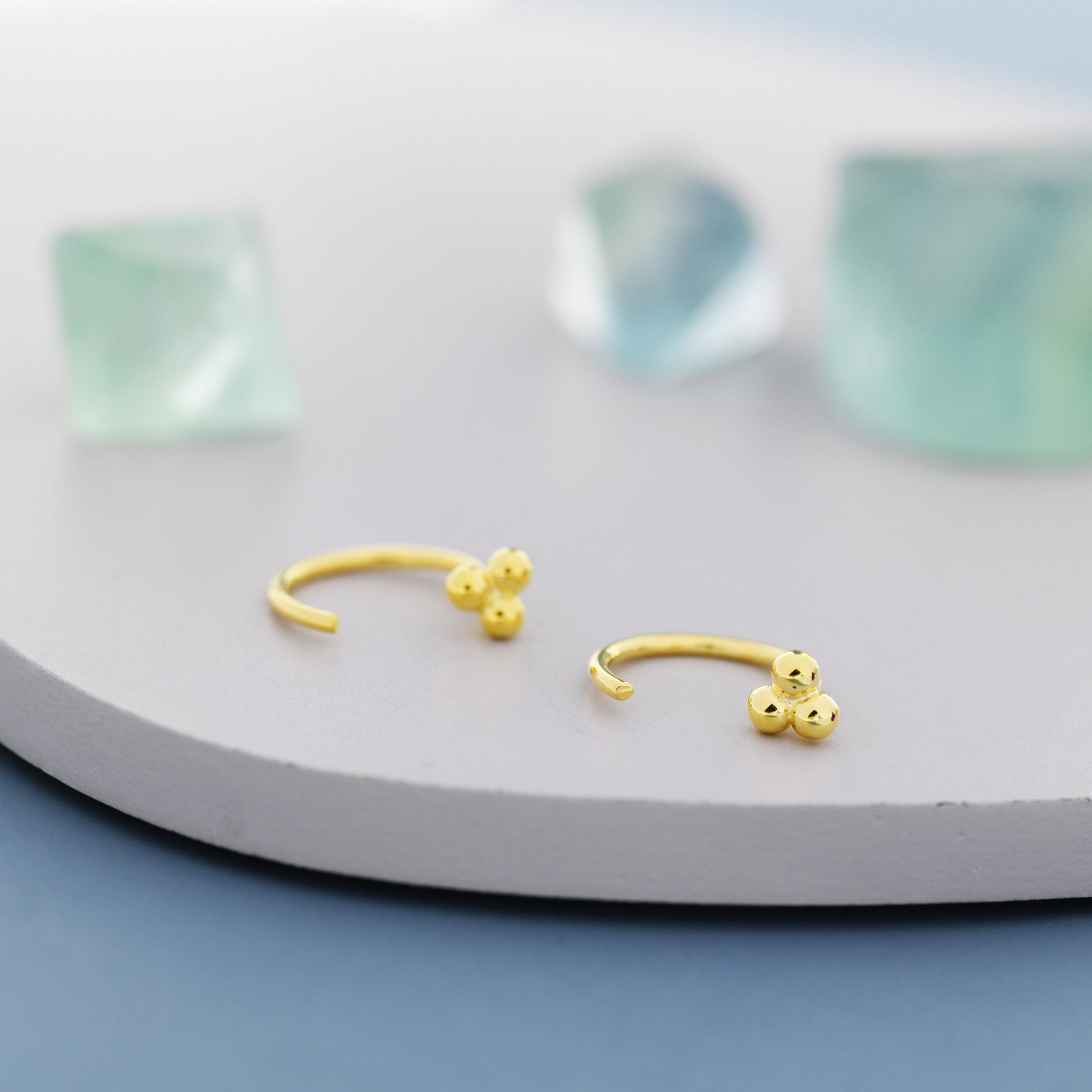 Tiny Three Ball Huggie Hoop Earrings in Sterling Silver, Three Ball Cluster Earrings, Open Hoops, Pull-Through Threader Earrings,