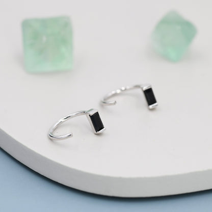 Black Baguette Cut CZ Huggie Hoop Earrings in Sterling Silver, Silver or Gold, Open Hoops, Pull-Through Threader Earrings,