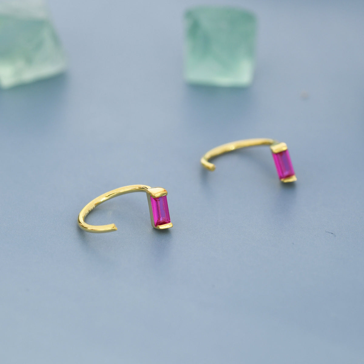 Ruby Pink Baguette Cut CZ Huggie Hoop Earrings in Sterling Silver, Silver or Gold, Open Hoops, Pull-Through Threader Earrings, Ruby Red