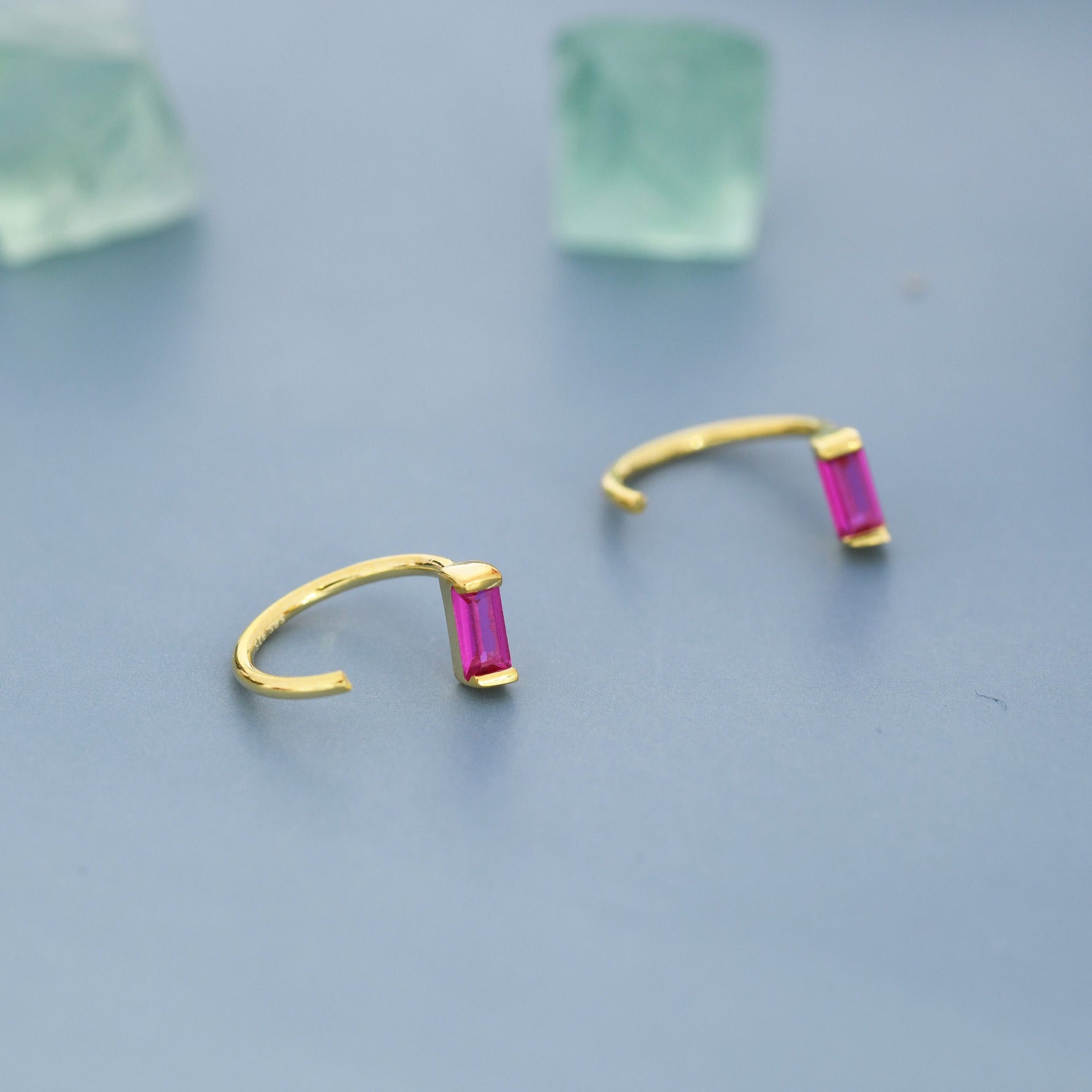 Ruby Pink Baguette Cut CZ Huggie Hoop Earrings in Sterling Silver, Silver or Gold, Open Hoops, Pull-Through Threader Earrings, Ruby Red