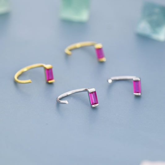Ruby Pink Baguette Cut CZ Huggie Hoop Earrings in Sterling Silver, Silver or Gold, Open Hoops, Pull-Through Threader Earrings, Ruby Red