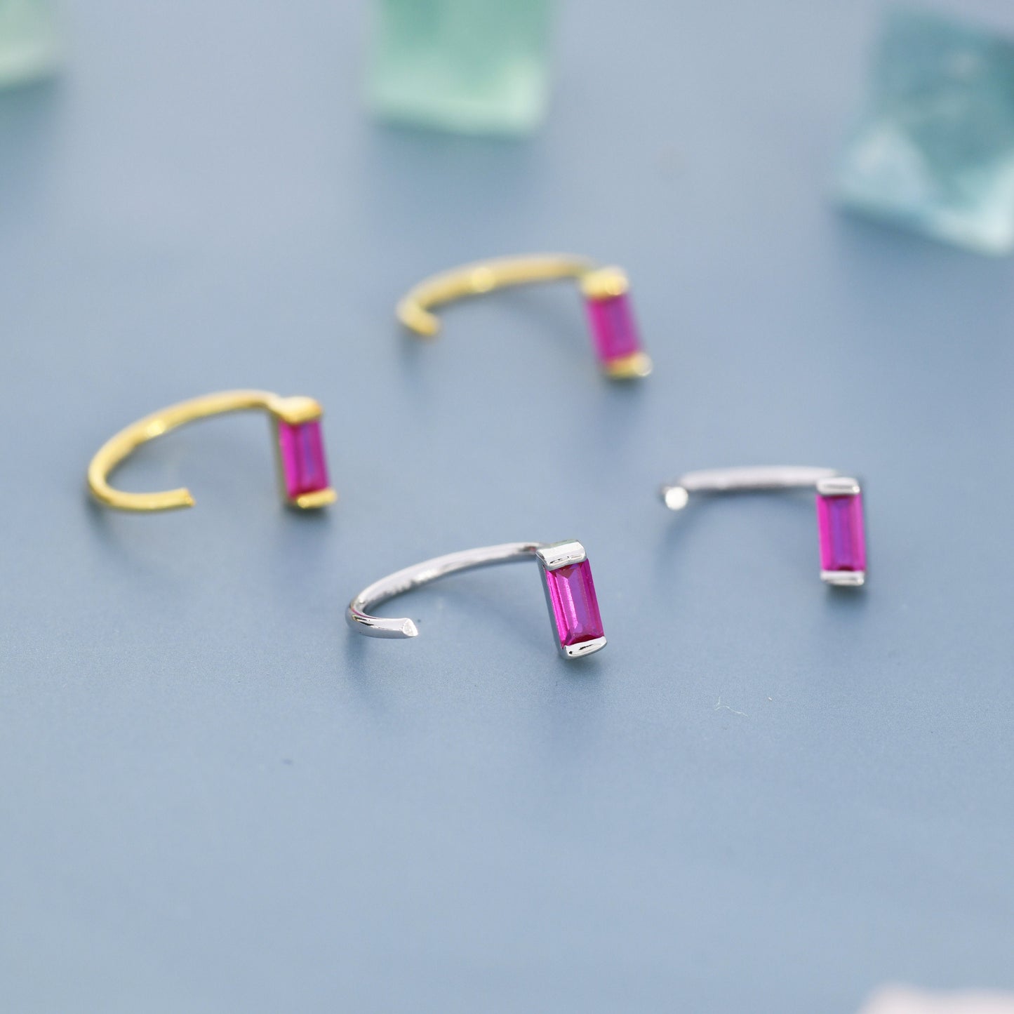 Ruby Pink Baguette Cut CZ Huggie Hoop Earrings in Sterling Silver, Silver or Gold, Open Hoops,  Pull-Through Threader Earrings, Ruby Red