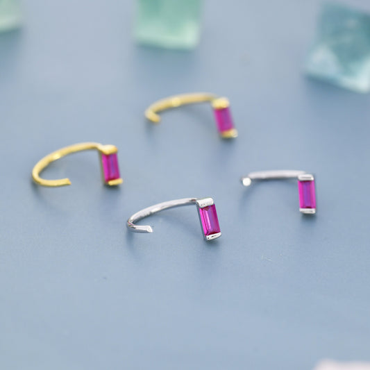 Ruby Pink Baguette Cut CZ Huggie Hoop Earrings in Sterling Silver, Silver or Gold, Open Hoops,  Pull-Through Threader Earrings, Ruby Red