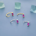 Ruby Pink Baguette Cut CZ Huggie Hoop Earrings in Sterling Silver, Silver or Gold, Open Hoops, Pull-Through Threader Earrings, Ruby Red