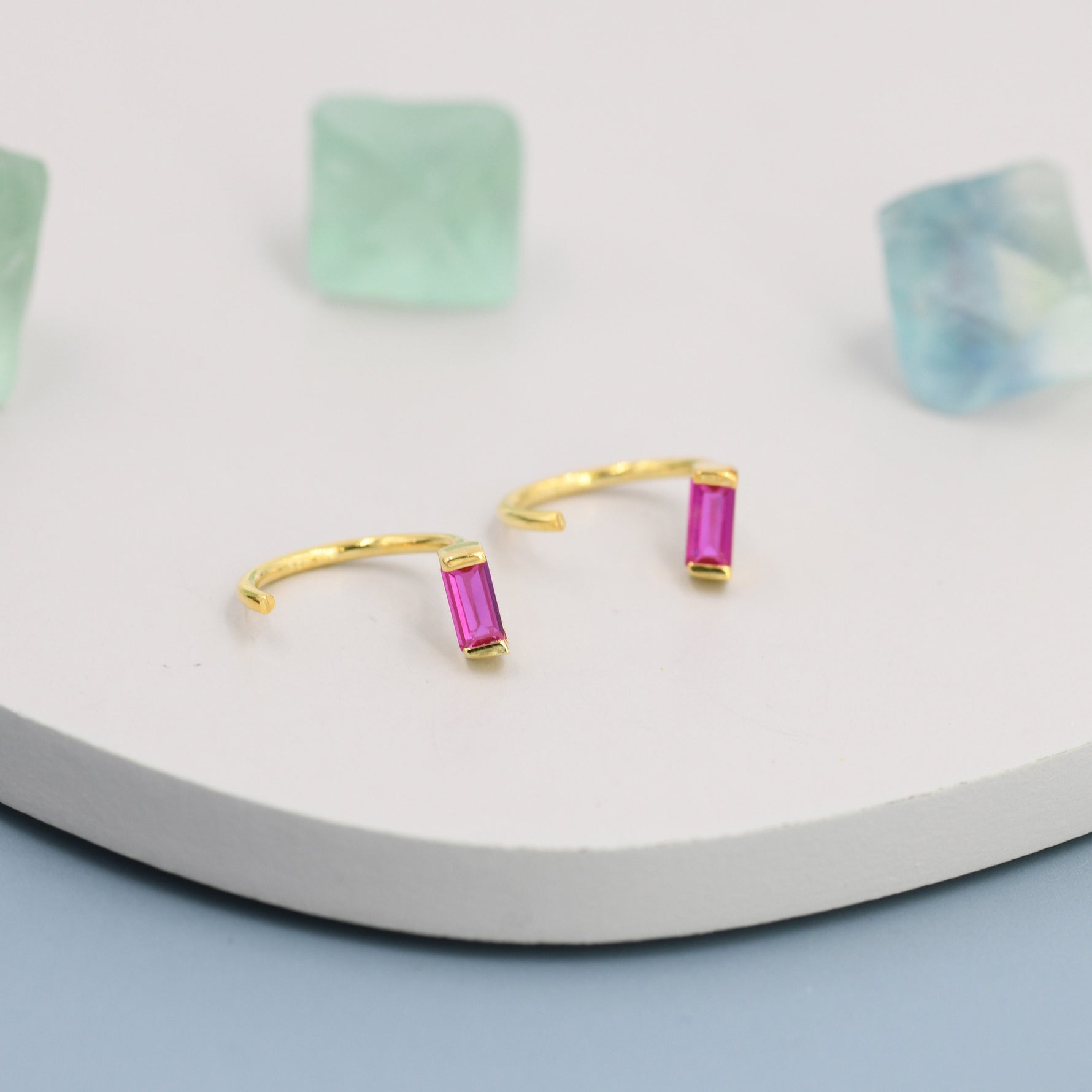 Ruby Pink Baguette Cut CZ Huggie Hoop Earrings in Sterling Silver, Silver or Gold, Open Hoops, Pull-Through Threader Earrings, Ruby Red