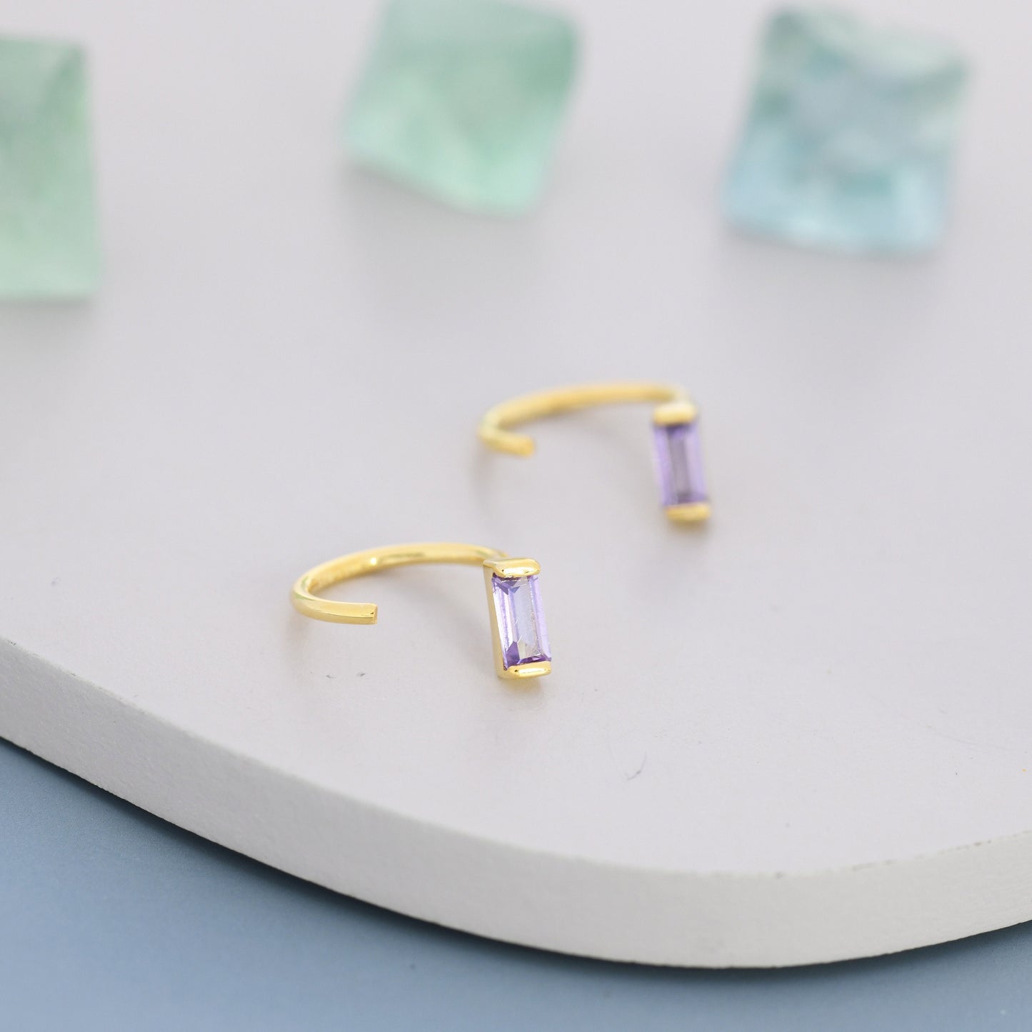 Amethyst Purple Baguette Cut CZ Huggie Hoop Earrings in Sterling Silver, Silver or Gold, Open Hoops, Pull-Through Threader Earrings