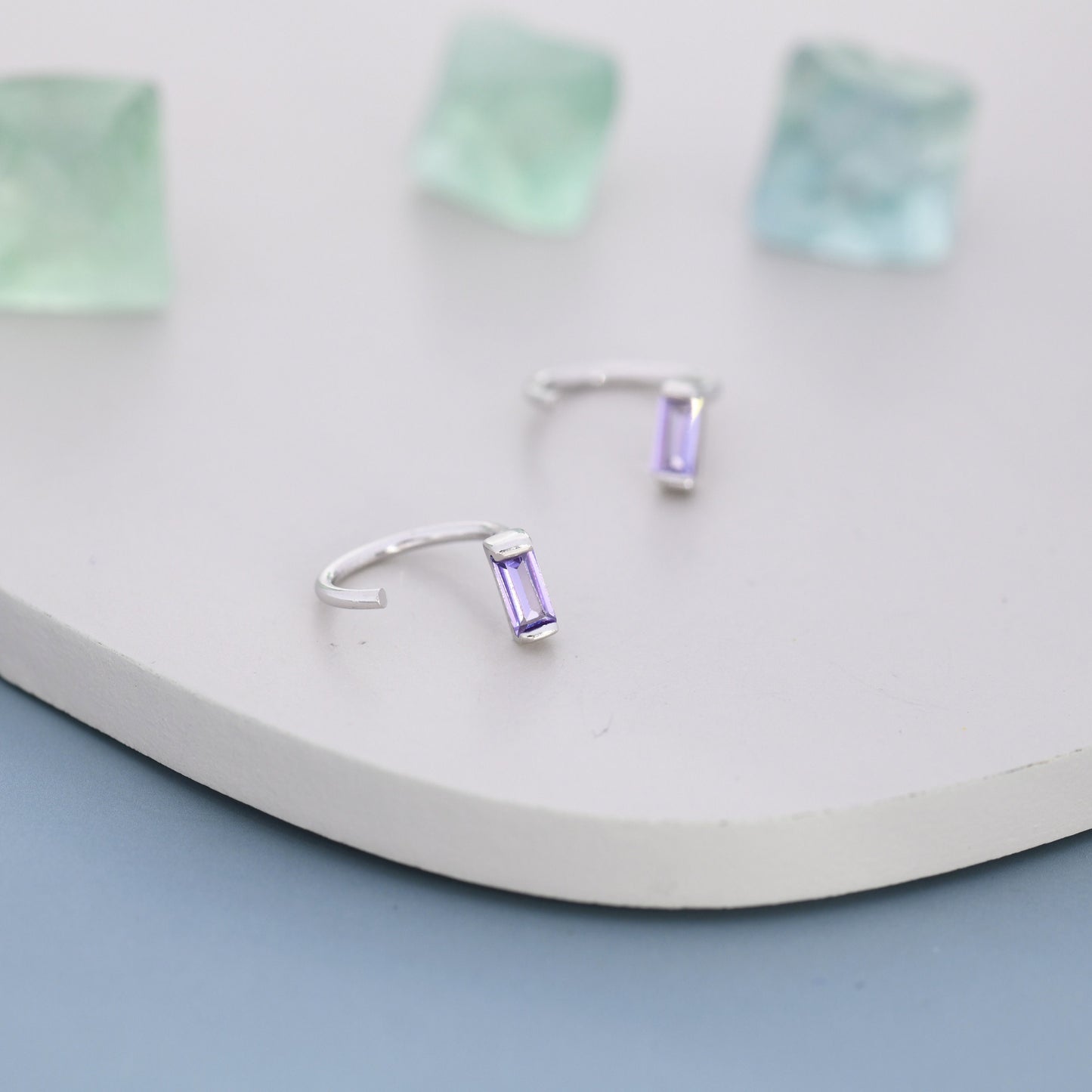 Amethyst Purple Baguette Cut CZ Huggie Hoop Earrings in Sterling Silver, Silver or Gold, Open Hoops, Pull-Through Threader Earrings