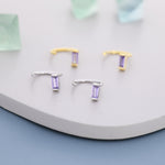 Amethyst Purple Baguette Cut CZ Huggie Hoop Earrings in Sterling Silver, Silver or Gold, Open Hoops, Pull-Through Threader Earrings