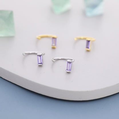Amethyst Purple Baguette Cut CZ Huggie Hoop Earrings in Sterling Silver, Silver or Gold, Open Hoops, Pull-Through Threader Earrings
