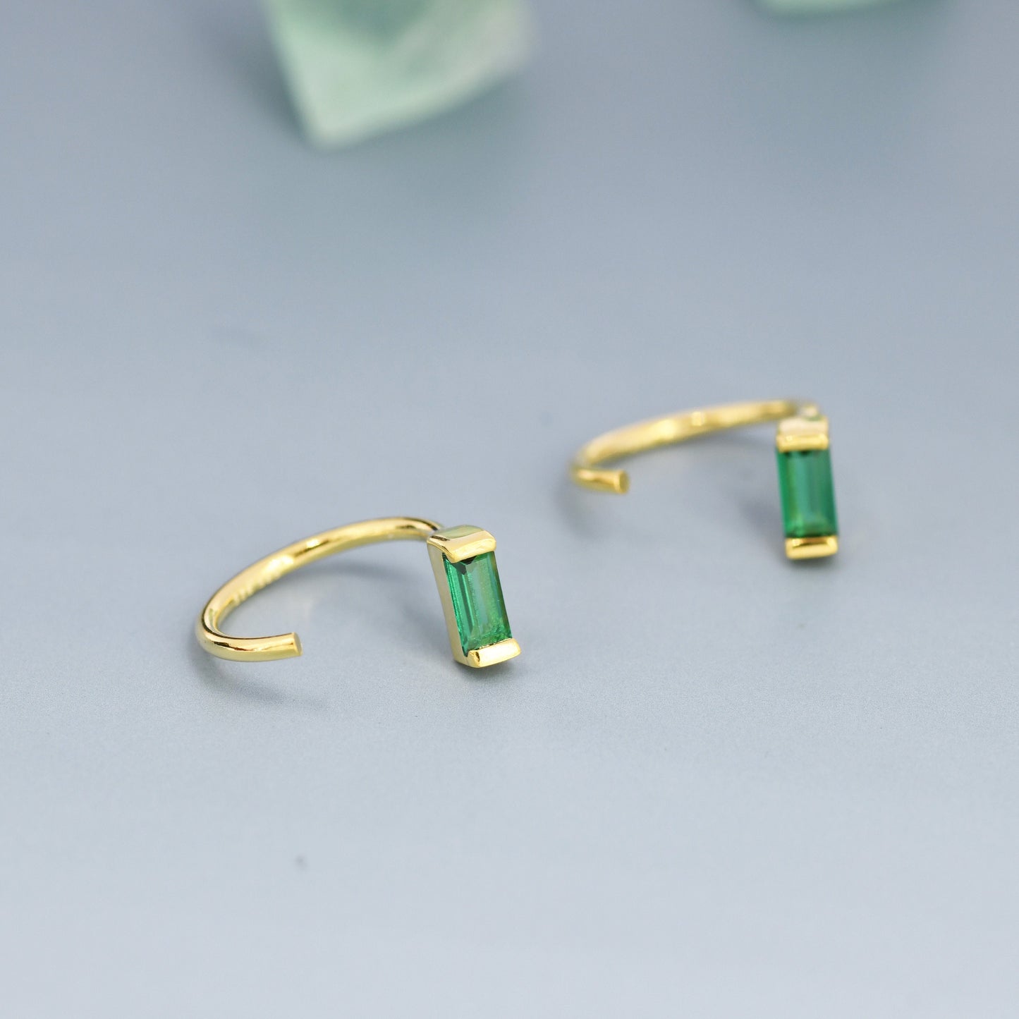 Emerald Green Baguette Cut CZ Huggie Hoop Earrings in Sterling Silver, Silver or Gold, Open Hoops,  Pull-Through Threader Earrings