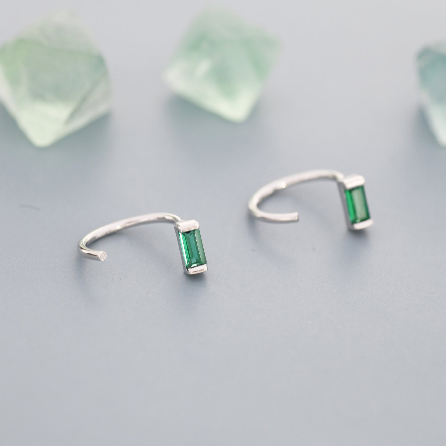 Emerald Green Baguette Cut CZ Huggie Hoop Earrings in Sterling Silver, Silver or Gold, Open Hoops,  Pull-Through Threader Earrings