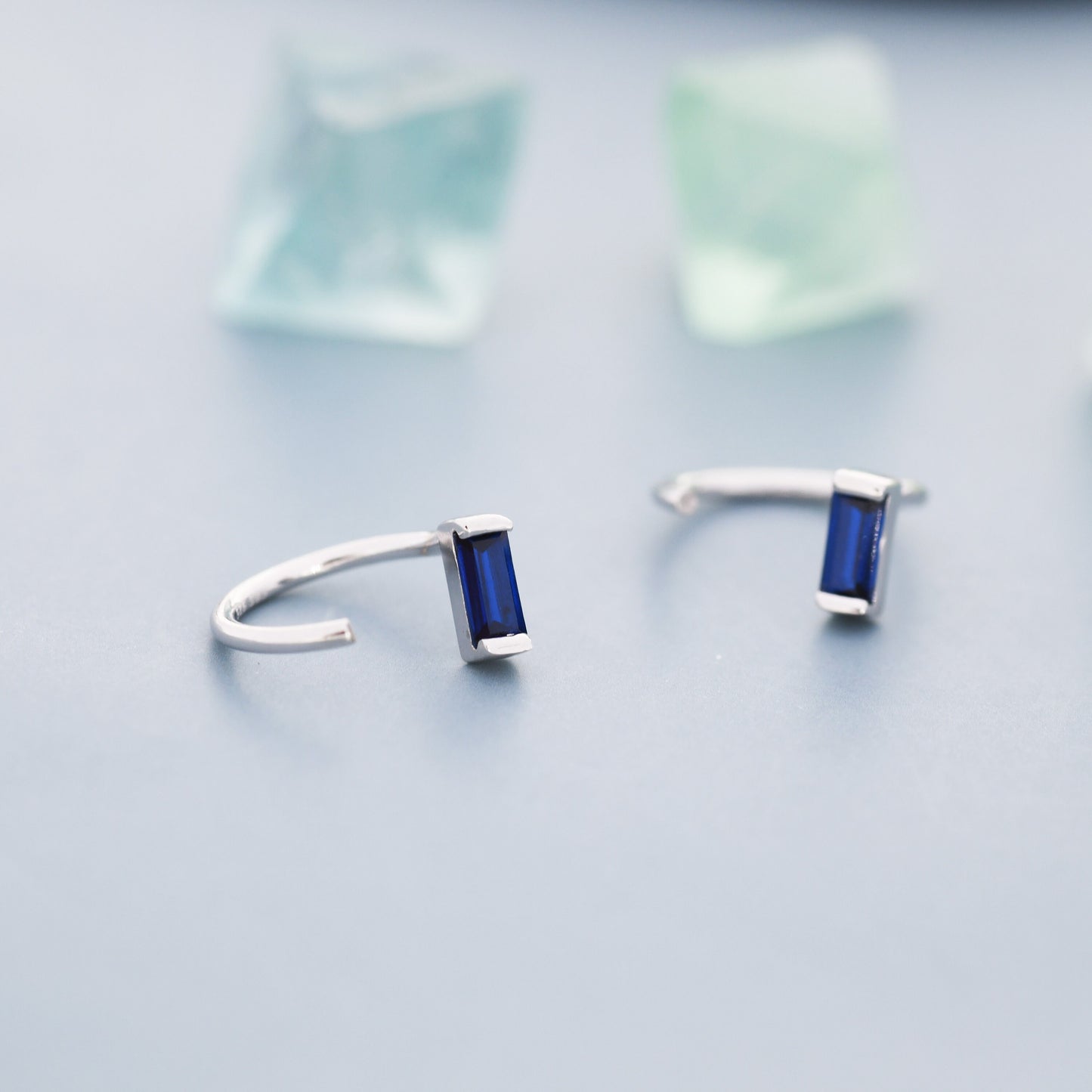 Sapphire Blue Baguette Cut CZ Huggie Hoop Earrings in Sterling Silver, Silver or Gold, Open Hoops, Pull-Through Threader Earrings