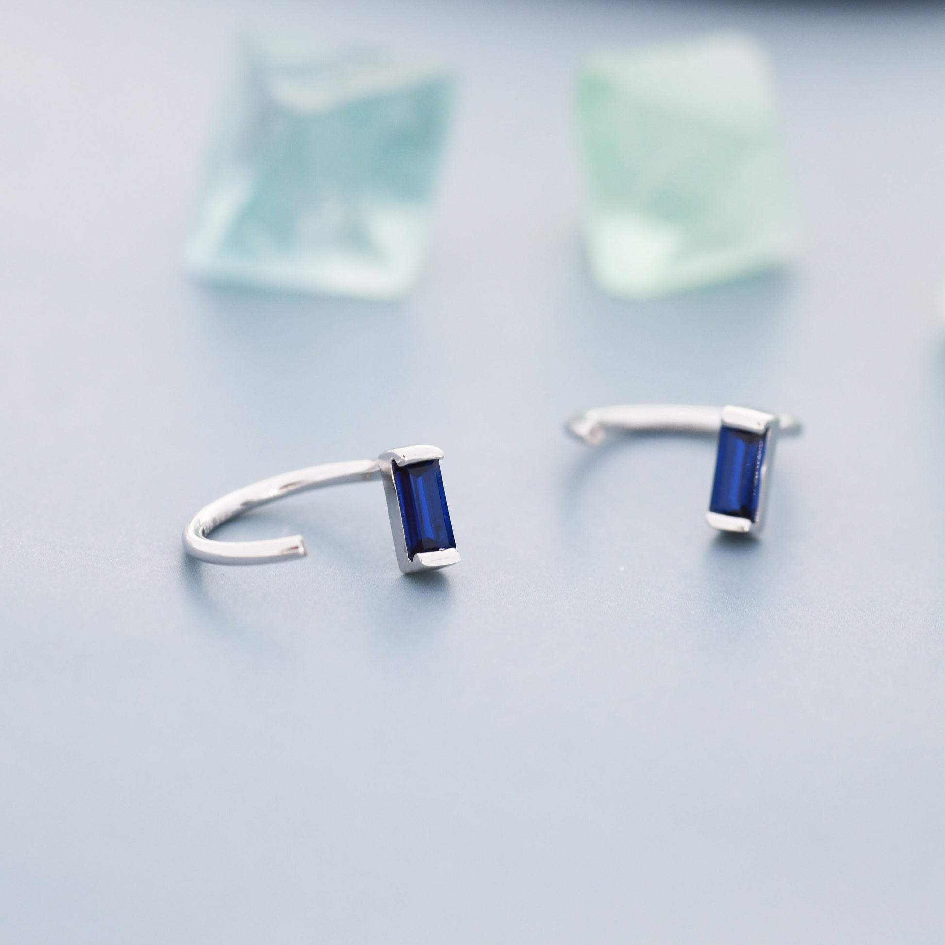 Sapphire Blue Baguette Cut CZ Huggie Hoop Earrings in Sterling Silver, Silver or Gold, Open Hoops, Pull-Through Threader Earrings