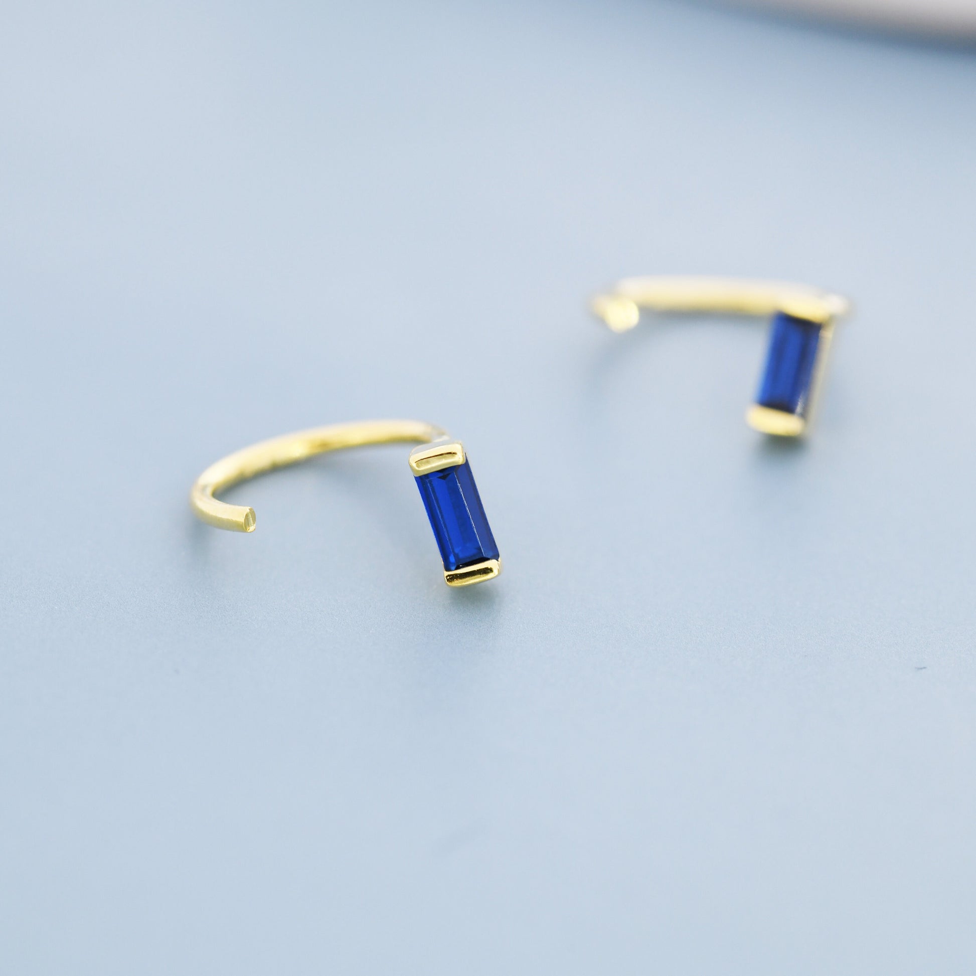 Sapphire Blue Baguette Cut CZ Huggie Hoop Earrings in Sterling Silver, Silver or Gold, Open Hoops, Pull-Through Threader Earrings