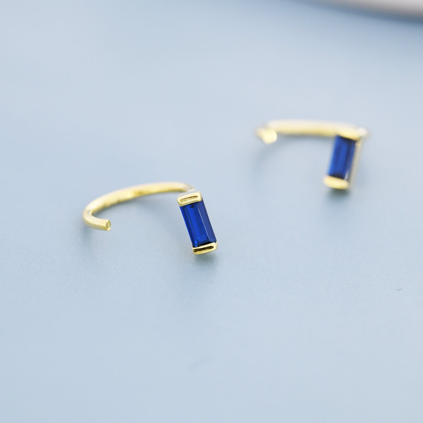 Sapphire Blue Baguette Cut CZ Huggie Hoop Earrings in Sterling Silver, Silver or Gold, Open Hoops,  Pull-Through Threader Earrings