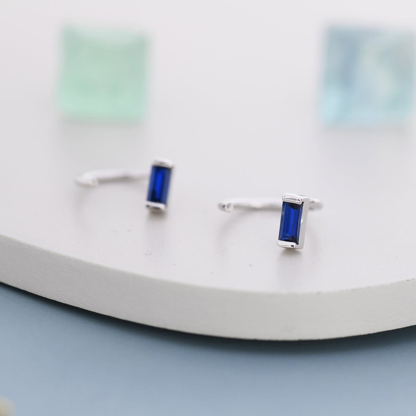Sapphire Blue Baguette Cut CZ Huggie Hoop Earrings in Sterling Silver, Silver or Gold, Open Hoops, Pull-Through Threader Earrings