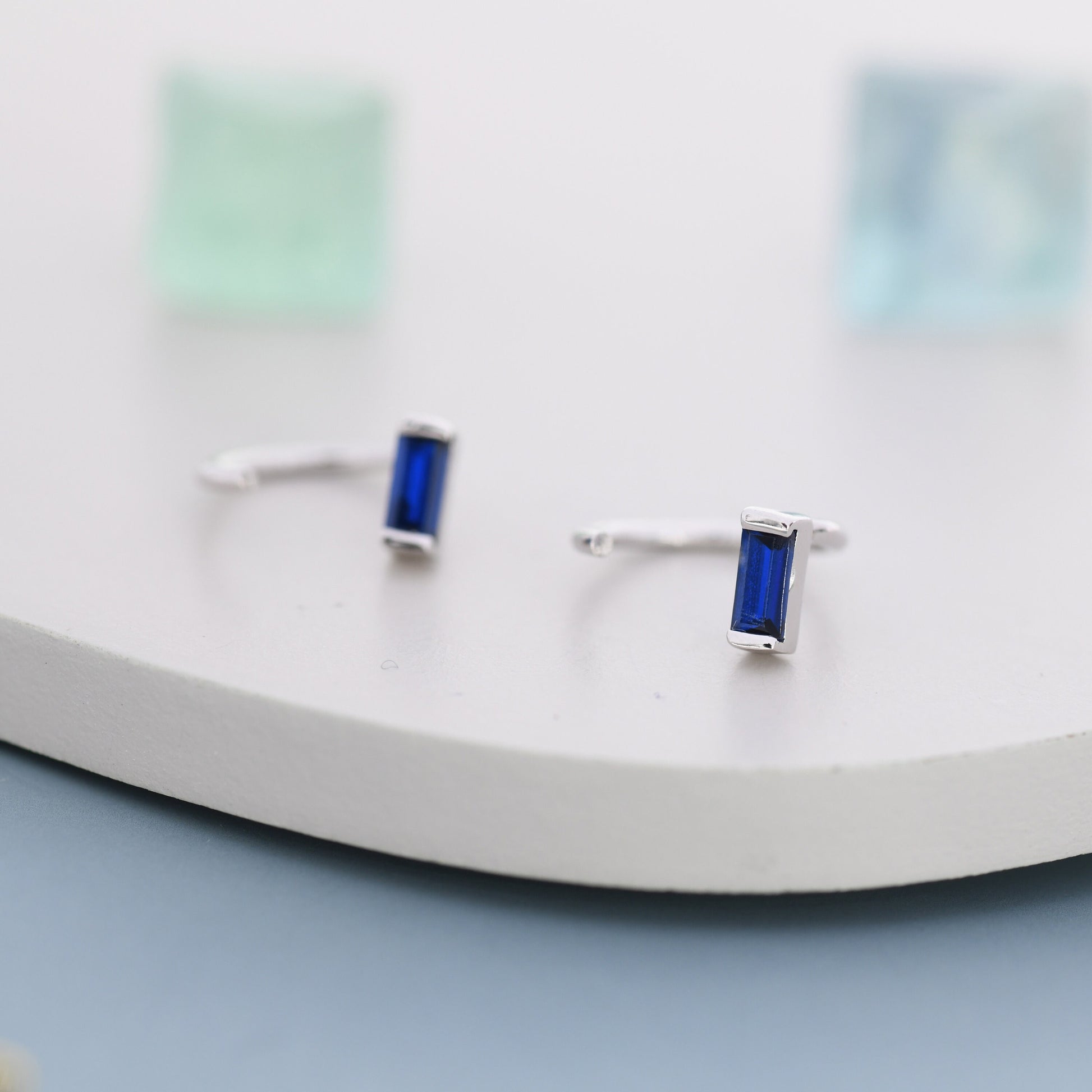 Sapphire Blue Baguette Cut CZ Huggie Hoop Earrings in Sterling Silver, Silver or Gold, Open Hoops, Pull-Through Threader Earrings