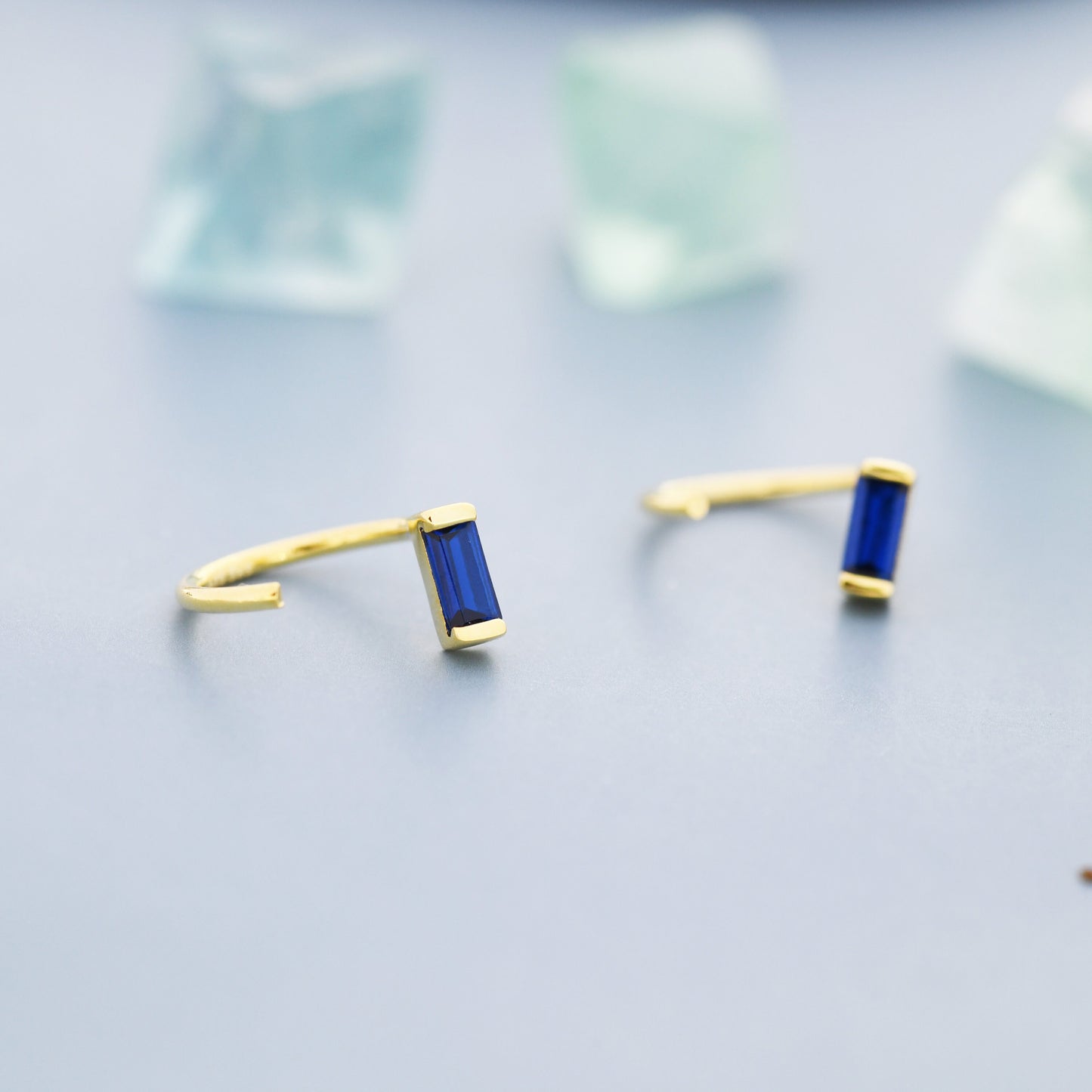 Sapphire Blue Baguette Cut CZ Huggie Hoop Earrings in Sterling Silver, Silver or Gold, Open Hoops, Pull-Through Threader Earrings