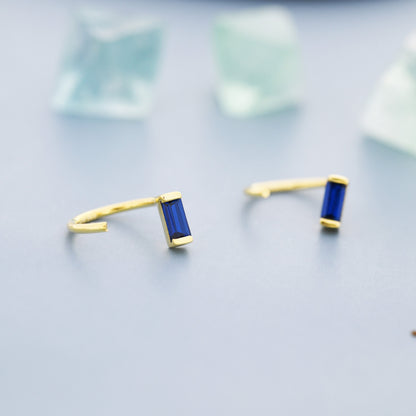 Sapphire Blue Baguette Cut CZ Huggie Hoop Earrings in Sterling Silver, Silver or Gold, Open Hoops, Pull-Through Threader Earrings