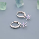 Lilac Purple Flower CZ Huggie Hoop in Sterling Silver, Silver or Gold, Minimalist Simple Hoop Earrings, Detachable and Interchangeable