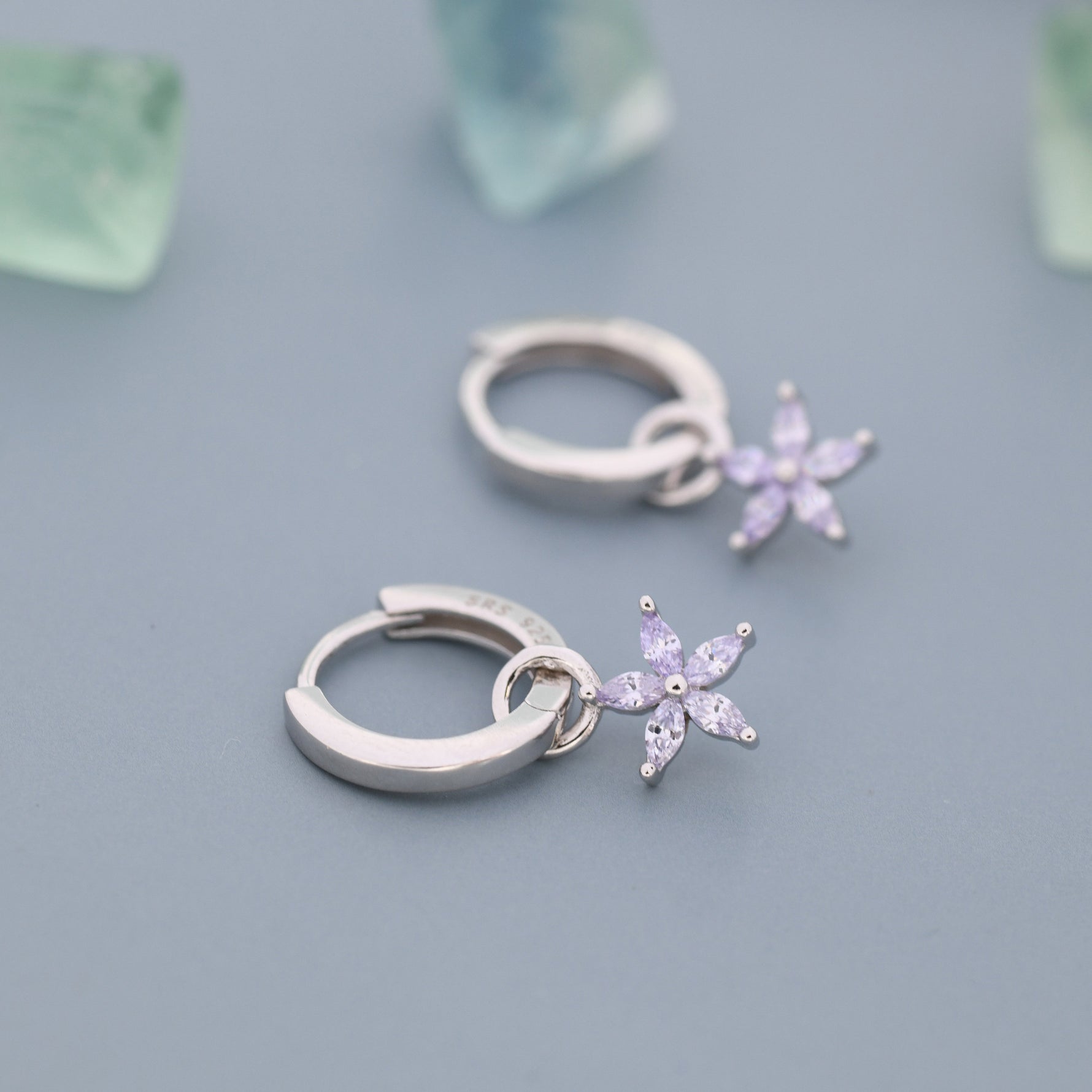 Lilac Purple Flower CZ Huggie Hoop in Sterling Silver, Silver or Gold, Minimalist Simple Hoop Earrings, Detachable and Interchangeable