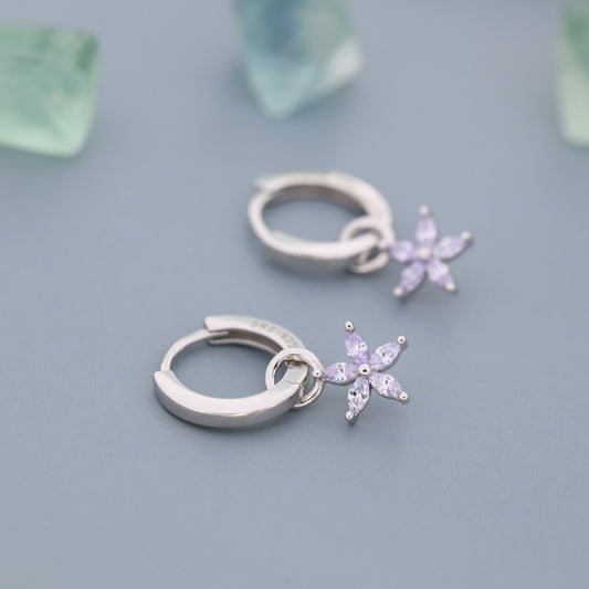 Lilac Purple Flower CZ Huggie Hoop in Sterling Silver, Silver or Gold, Minimalist Simple Hoop Earrings, Detachable and Interchangeable